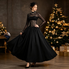 Empire Abendkleid – schwarzes Spitzenkleid mit Puffärmeln, DAMEN
