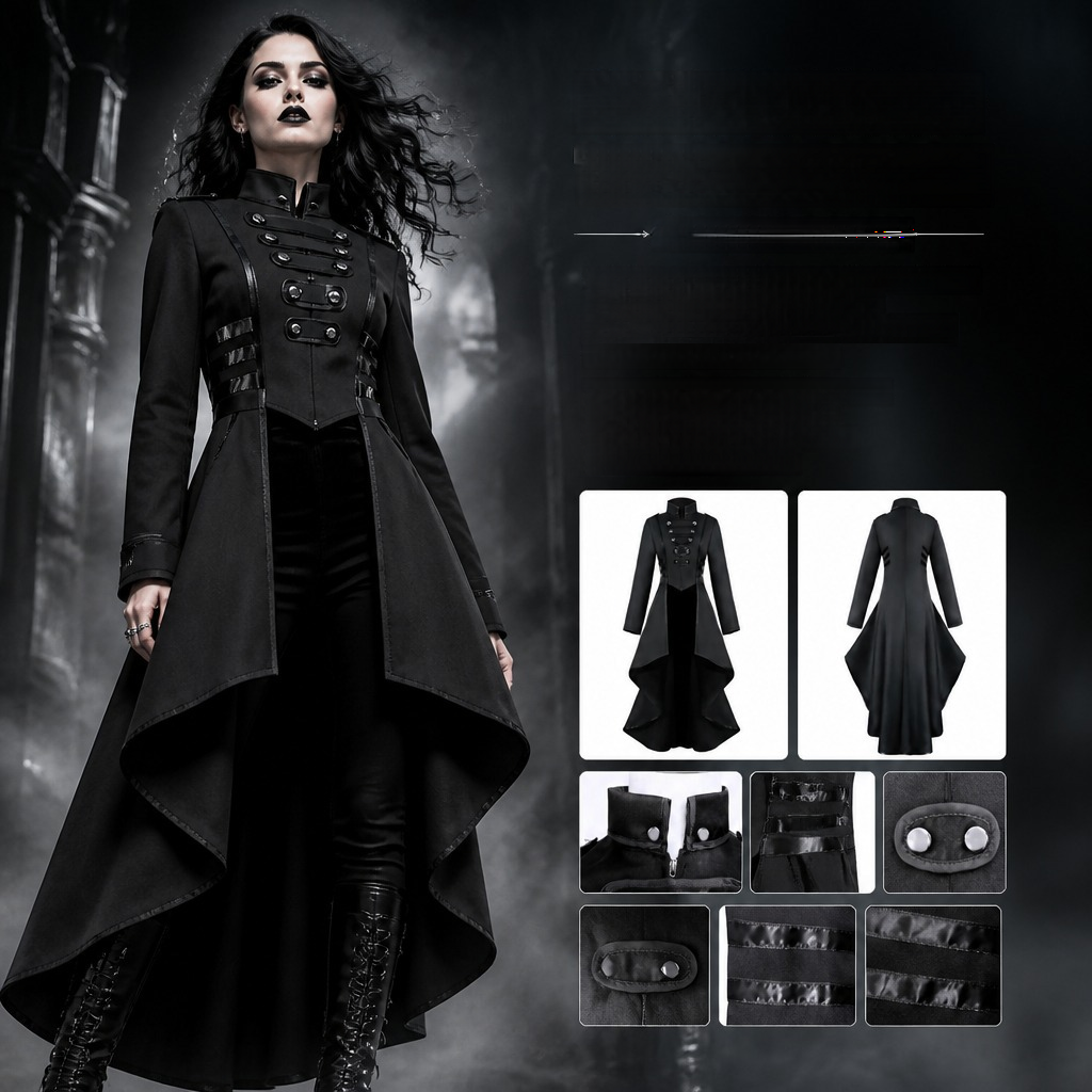 Damen Frackjacke – asymmetrischer Gothic Mantel für Halloween, DAMEN