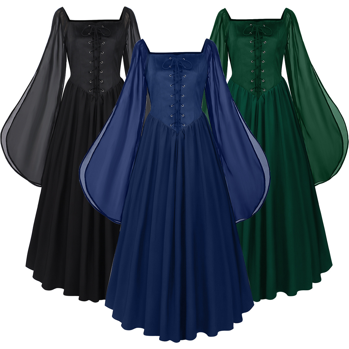 Feenkleid mit Glockenärmeln – mittelalterliches Karree-Kleid für Fest & Bühne, DAMEN