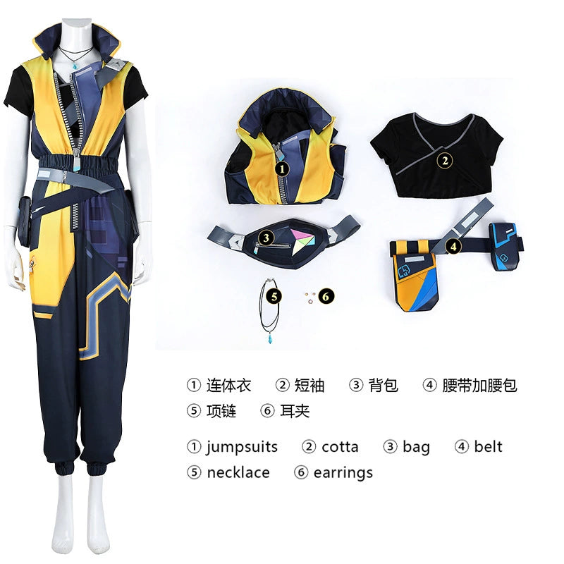 Neon Valorant Anzug Cosplay Kostuem Damen Blau Gelb