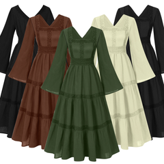 Glockenärmel-Spitzenkleid – Square-Neck Ballkleid für Renaissance, DAMEN