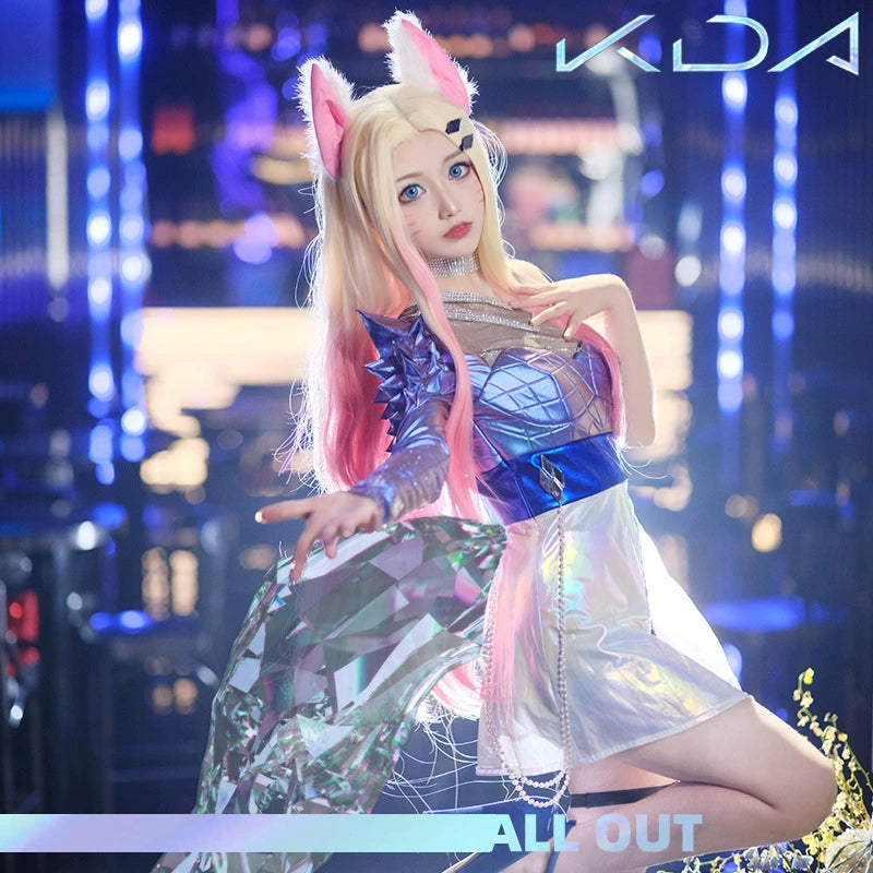 Ahri KDA League of Legends Buehnen-Kleid Cosplay Kostuem Damen Blau