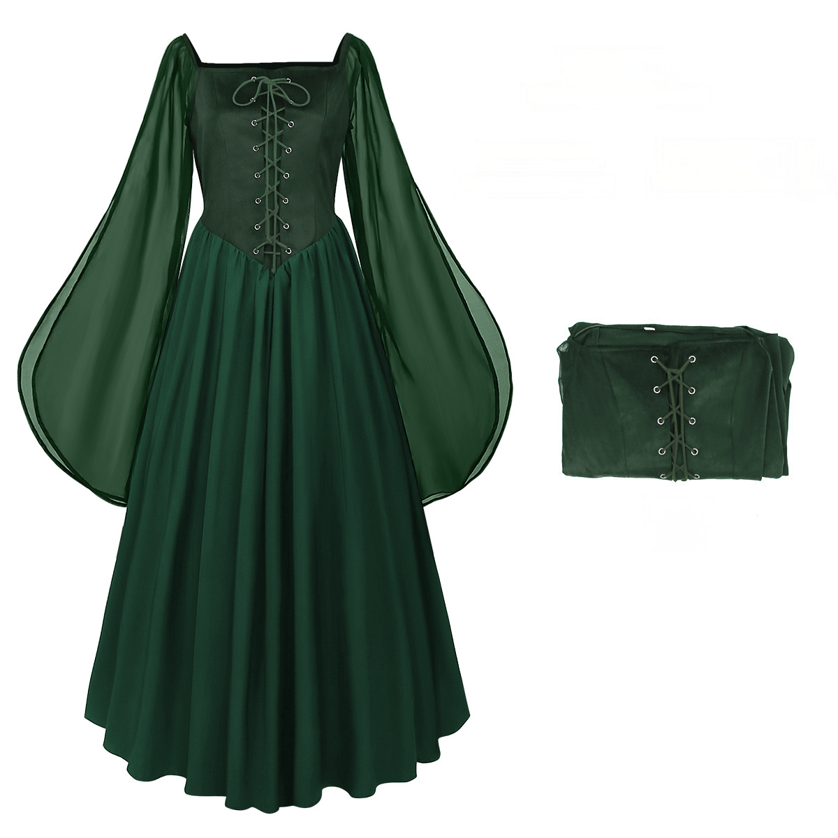 Feenkleid mit Glockenärmeln – mittelalterliches Karree-Kleid für Fest & Bühne, DAMEN