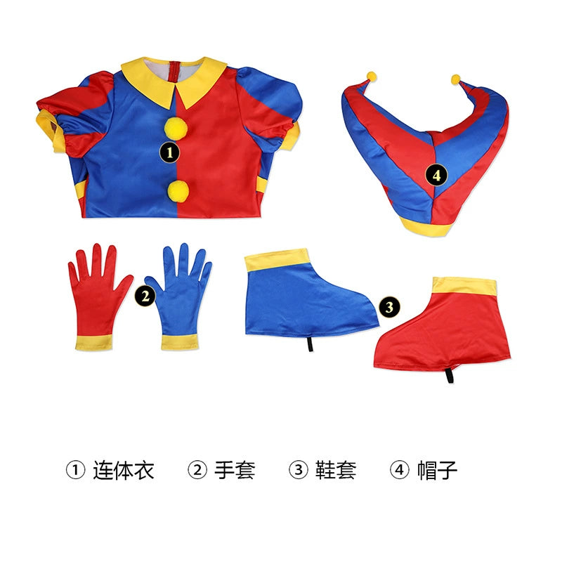 Pomni Digital Circus Harlekin-Kleid Cosplay Kostuem Damen Rot Blau