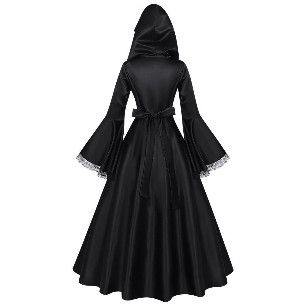 Gothic-Hexenkleid – Kapuzenlangrobe Halloween, DAMEN