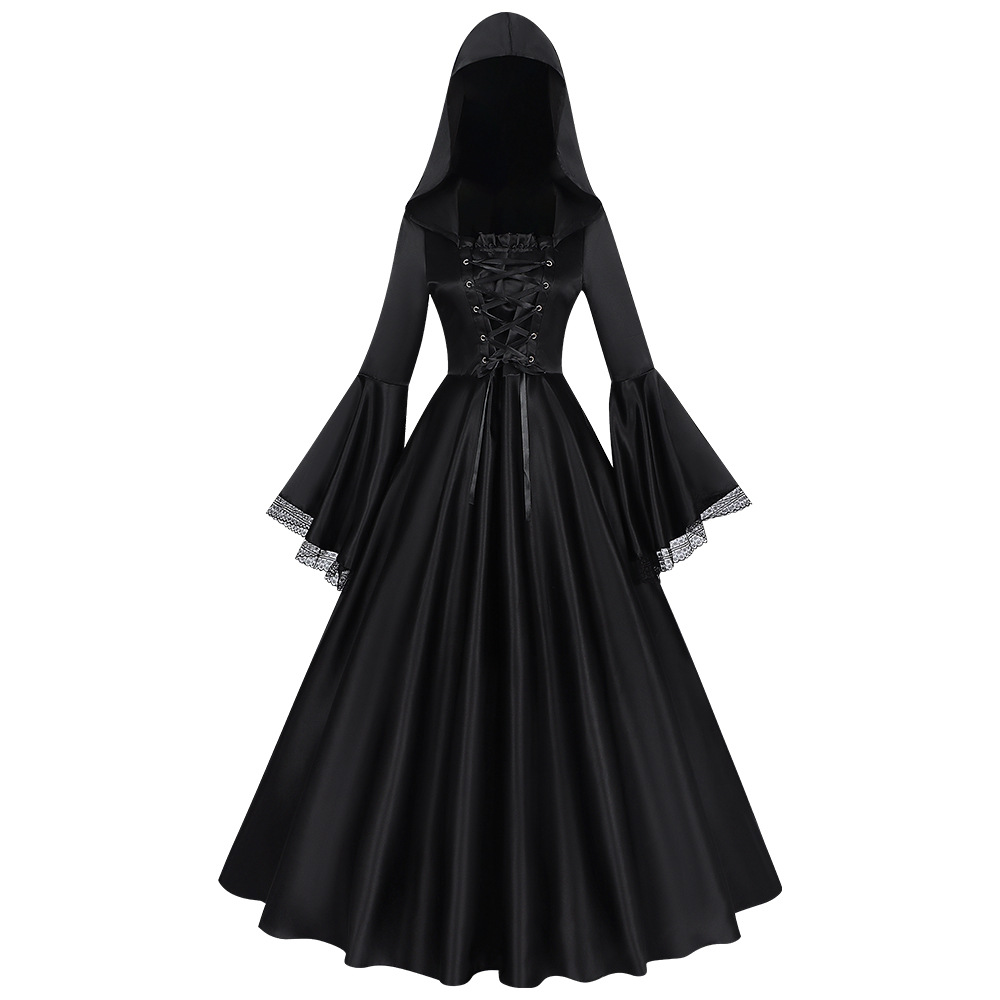 Gothic-Hexenkleid – Kapuzenlangrobe Halloween, DAMEN