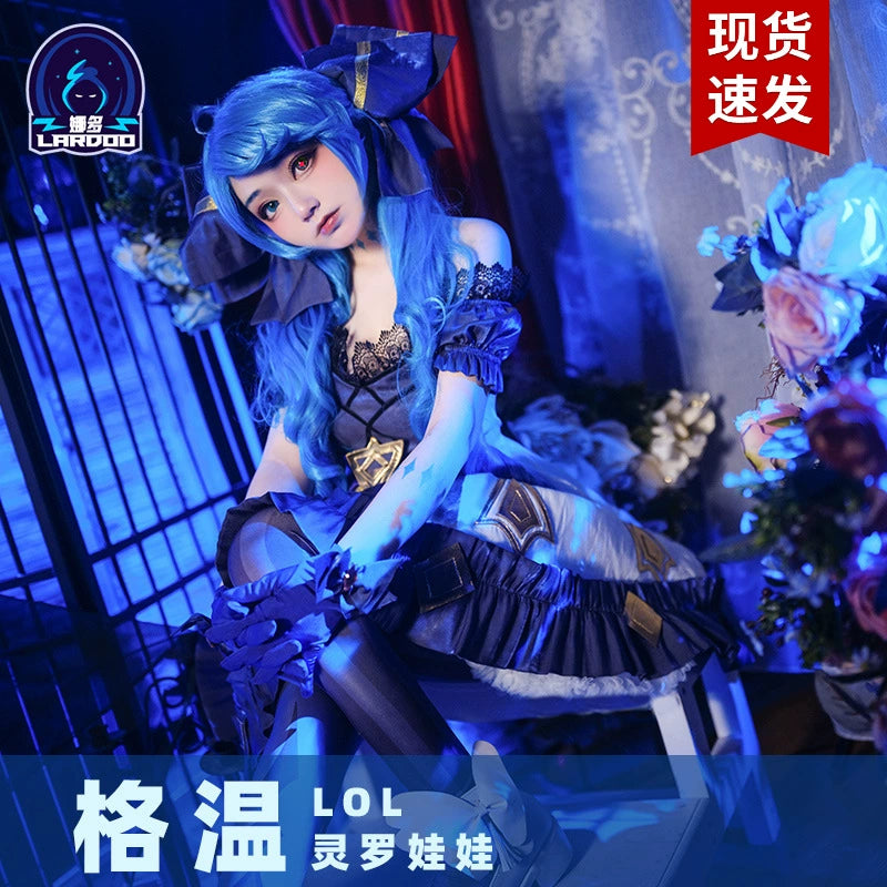Gwen League of Legends Lolita-Kleid Cosplay Kostuem Damen Blau